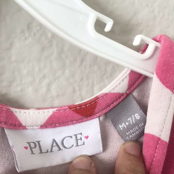 Place Girls Pink Hearts Design Shirred Waist Dress Pink White Size Medium 7/8 - Picture 3 of 12